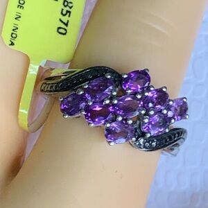 Signed STS 925 STERLING SILVER & AMETHYST CLUSTER RING - SIZE 9